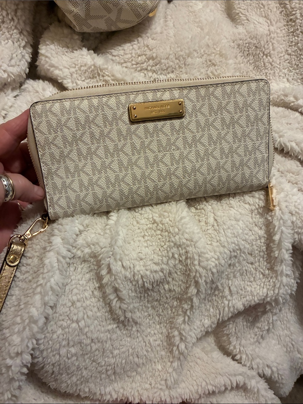 Michael Kors Beige Signature Zip Wristlet with Gold Hardware